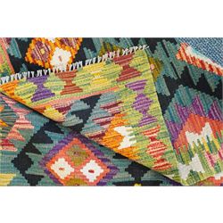 Maimana Kilim rug in shades of green, decorated with stepped lozenges 