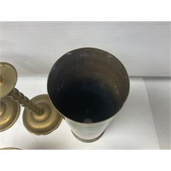 Collection of brassware, to include two jardinieres, candle sticks, brass shell, etc