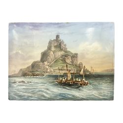 Richard Abbott: St Michael’s Mount, painted oil on porcelain plaque, with 'St Michaels Mount painted by R. Abbott', inscribed on reverse, H15cm, W19cm