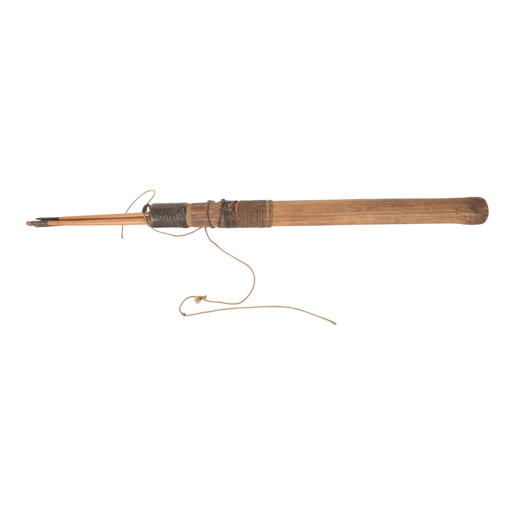 South American Indian carrying bag for blow pipe darts, together with African quiver with three barbed arrows