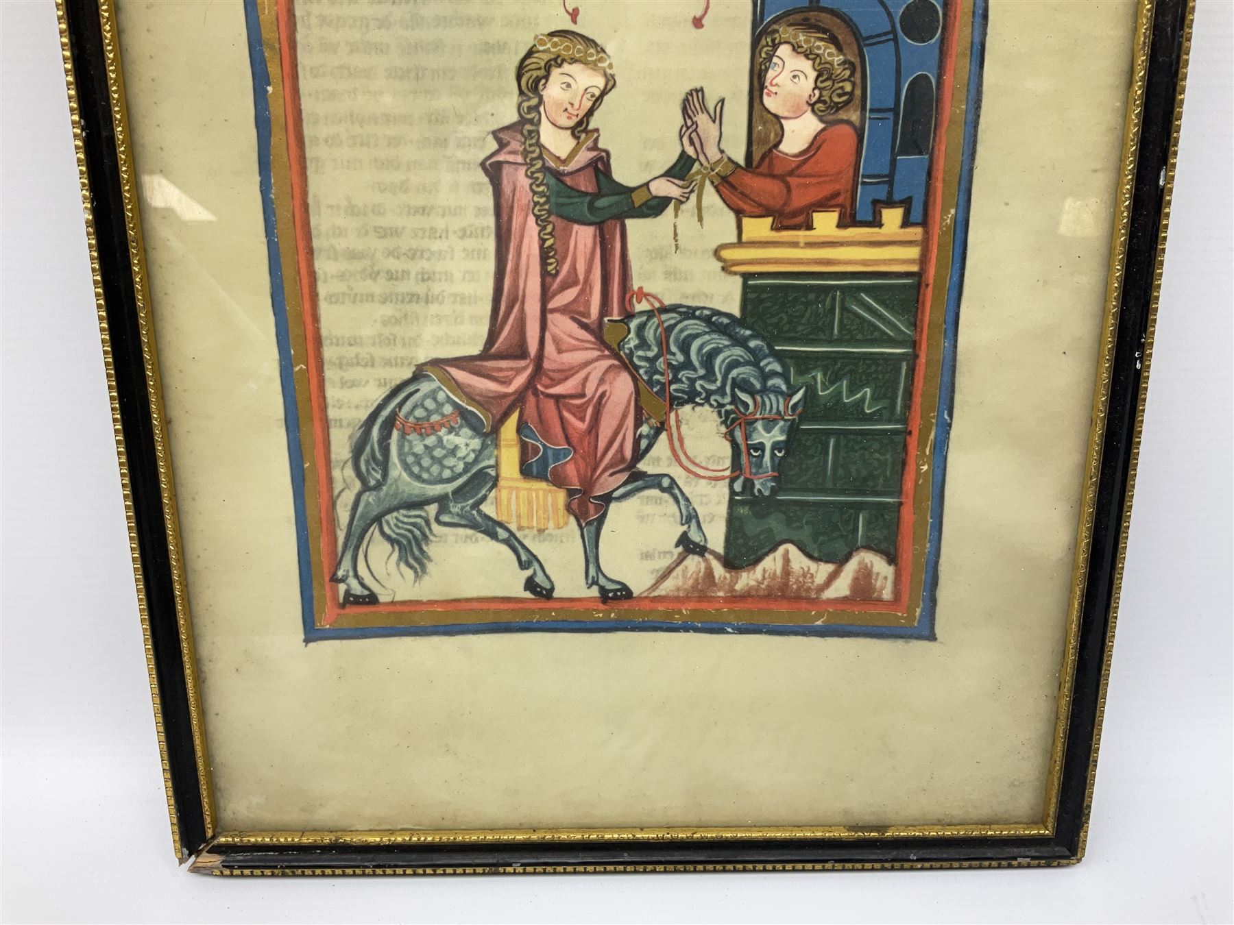 German School (14th century): 'Bruno von Hornberg' and 'Kol von Nüssen', pair prints of illuminated portraits from the 'Codex Manesse' together with print of 17th century Church writing