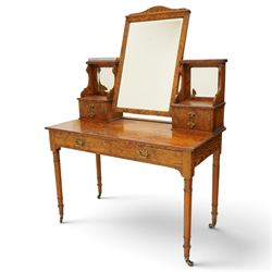 Late Victorian figured pitch pine dressing table, the rectangular swing mirror with shaped...