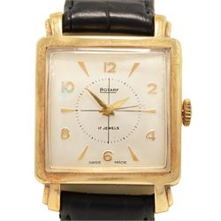 Rotary gentleman's 9ct gold manual wind wristwatch, square silvered dial with Arabic and dagger hour markers, London 1951, on black leather strap