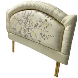 5' Kingsize headboard with stepped arch cresting, upholstered in cream silk with raised stitching decorated with trailing foliage branches and birds; matching bedspread (251cm x 218cm); two matching cushions  