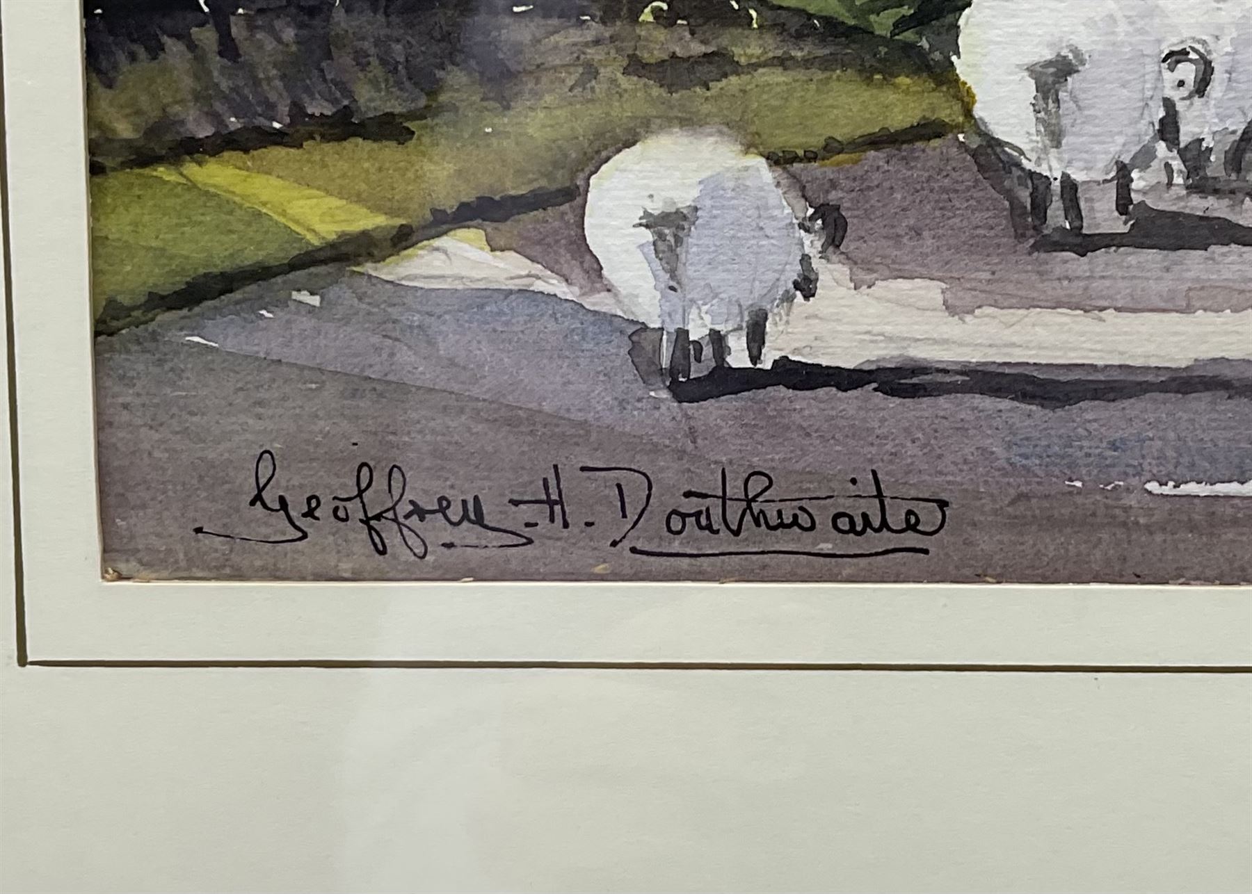 Geoffrey H Douthwaite (British 20th century): 'A Moorland Village', watercolour signed, titled verso together with English School (20th century): Golden Retriever, chalk on paper unsigned max 25cm x 34cm