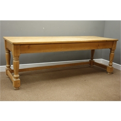  Large rectangular pine farmhouse style table, turned supports joined by stretchers, W213cm, H74cm, D75cm  
