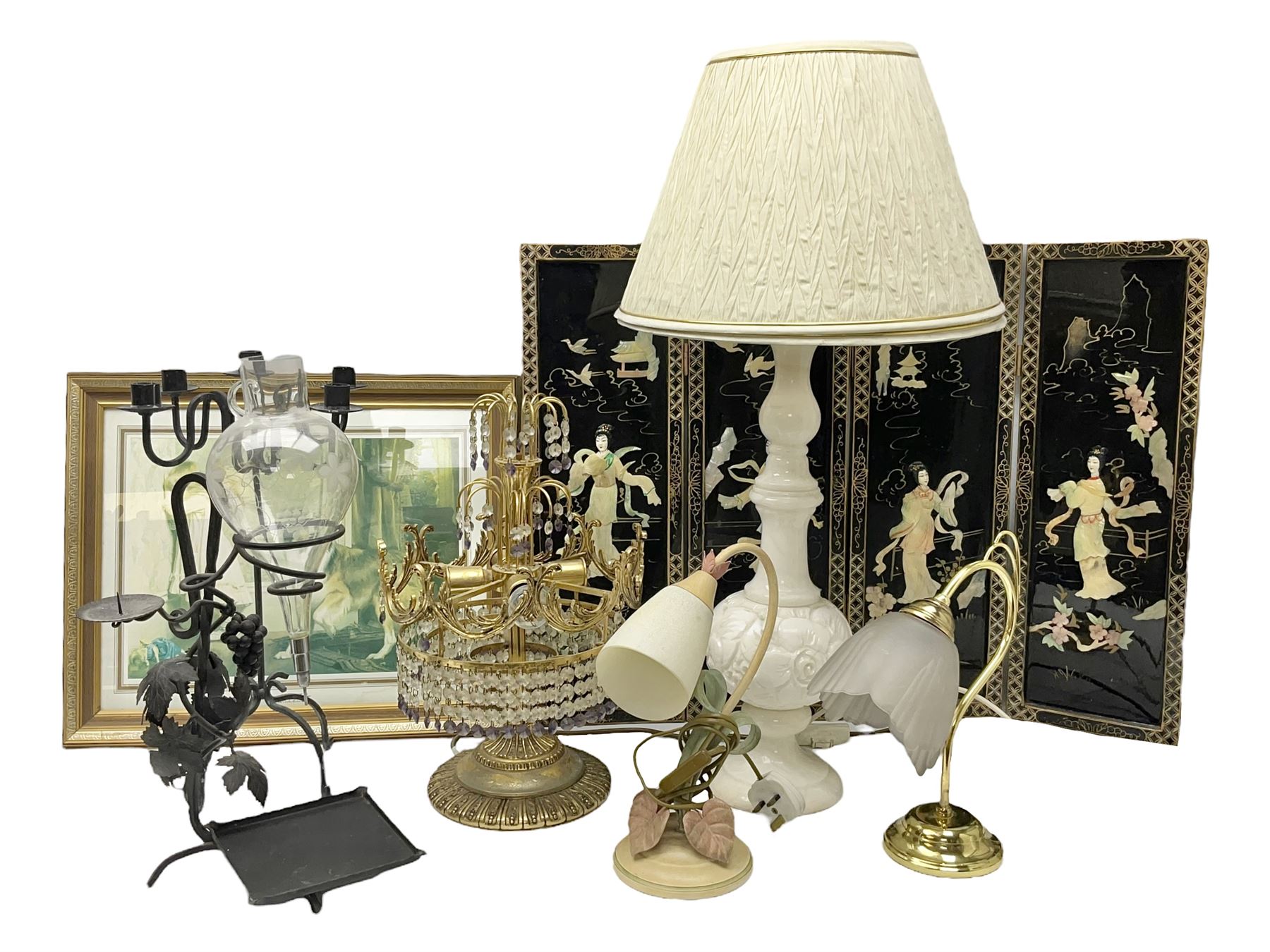 Soapstone table lamp, with carved floral stem, together with three other table lamps, metal candelabra and candlestick, Charles Burton Barber framed print and a Chinese table screen etc 