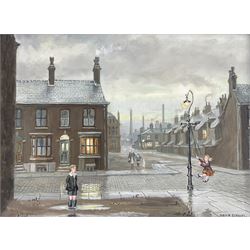 Steven Scholes (Northern British 1952-): 'Swinging on the Lamppost - Upper Brook Street Manchester 1962', oil on canvas signed, titled verso 29cm x 39cm