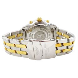 Breitling Shadow Flyback gentleman's stainless steel and gold-plated automatic chronometer wristwatch, Ref. B35312, serial No. 229225, silvered dial with three subsidiary dial and date aperture, on original stainless steel bracelet, with fold-over clasp, boxed with papers