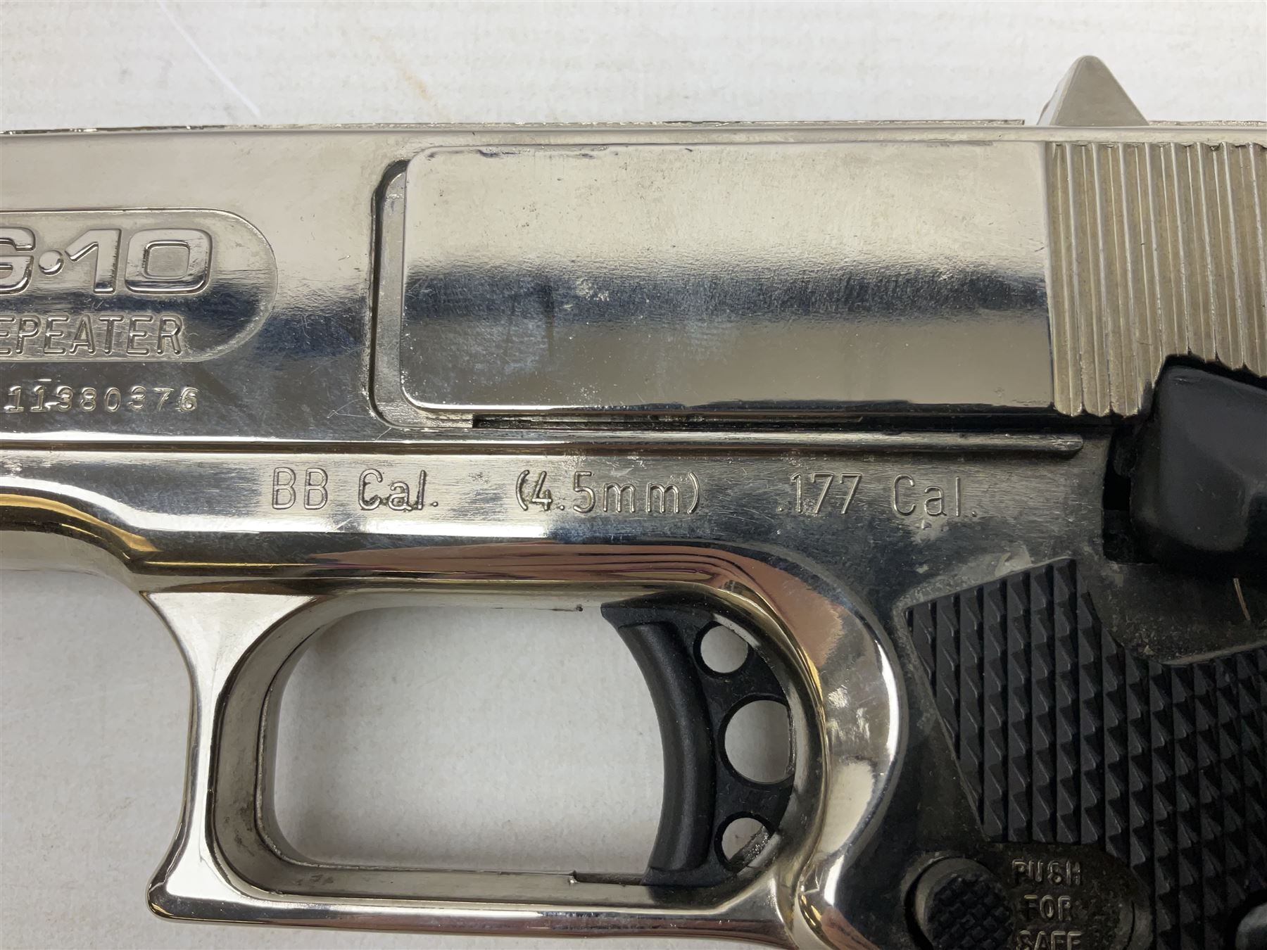 G-10 .177 20-shot BB Repeater air pistol with deluxe nickel plated finish; boxed with instructions