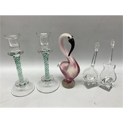 Quantity of glassware to include Mats Jonasson colour wolf paperweight, Murano dolphin and flamingo figures, Caithness Dignity and Tango paperweights, set of six Edinburgh Crystal glass tumblers, art glass dish etc