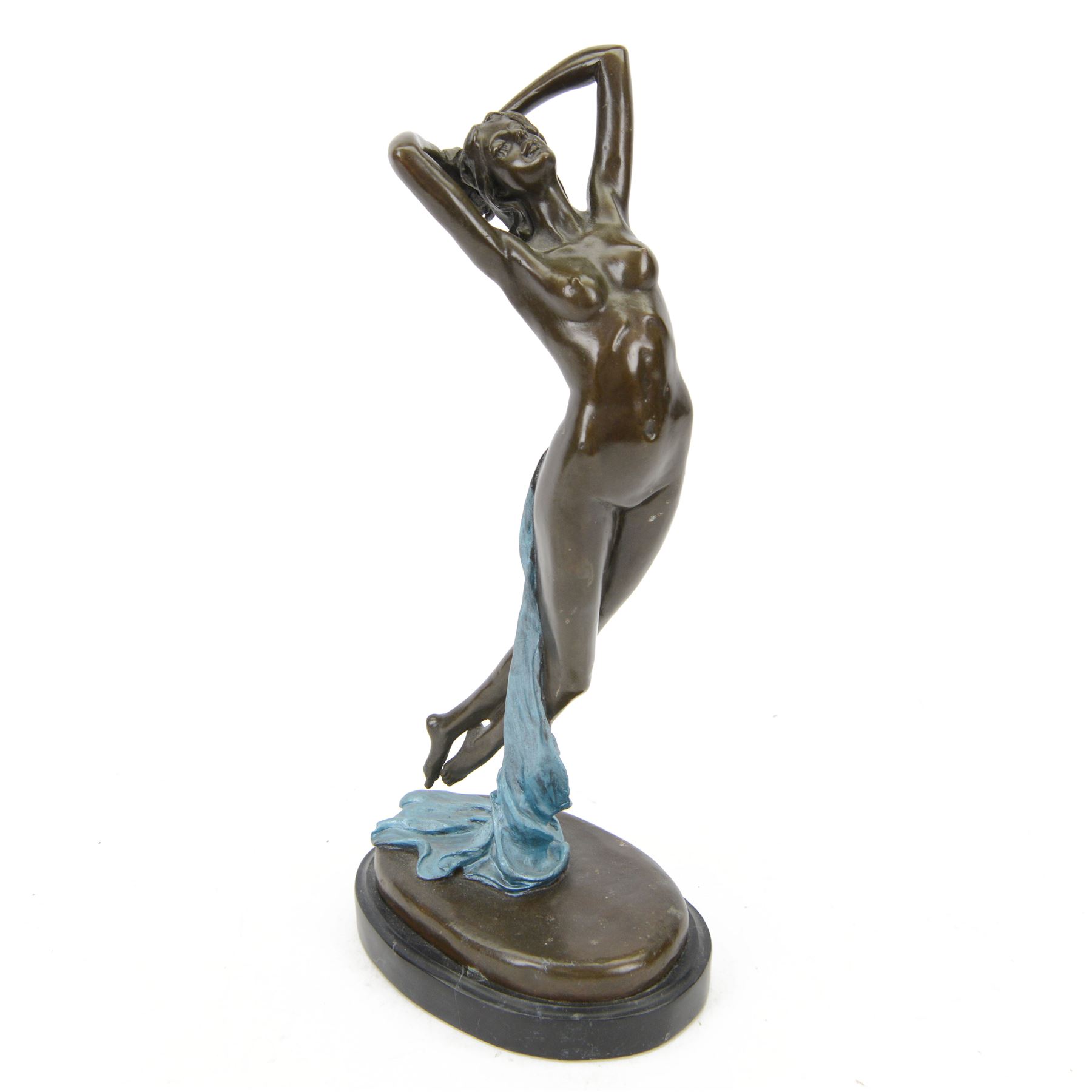 After Joseph Pollet, bronze figure of a nude woman, upon an oval black marble effect plinth, H47cm