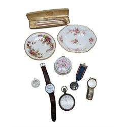 Early 20th century silver lever pocket by Stockwell & Co, London import mark 1919, together with a Timex wristwatch and a Limit wristwatch, 1937 Coronation medal and ceramic trinket dishes/box