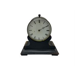 Late 19th century French Drum clock with an 8-day “tick-tack” movement, circular brass case and ebonised wooden stand, white card dial with roman numerals and steel moon hands, Parisian movement stamped VAP (Victor Athanase Pierret) with a deadbeat escapement, integral pendulum and key, wound and set from the rear.