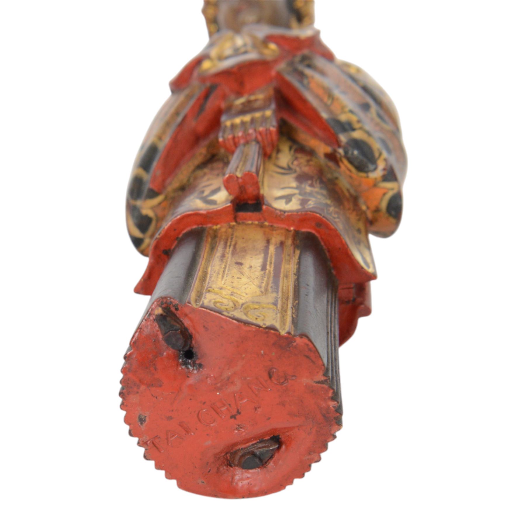 Pair of Asian carved wooden lacquered figures, in ceremonial dress, possibly wedding attire, highlighted throughout in gilt, H22cm
