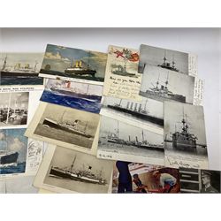 Sixty-five early 20th century postcards of passenger liners including White Star, Red Star, Atlantic Transport, Anchor, Cunard, Henderson, Booth, Union Castle, Holland America, Lamport & Holt, P. & O., New Zealand, Canadian Pacific, British India etc; and ten Edwardian postcards of Naval warships and officers (75)