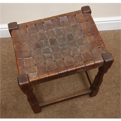  Yorkshire oak stool with plaited leather top on chamfered supports with stretchers, W39cm, D32cm H48cm  