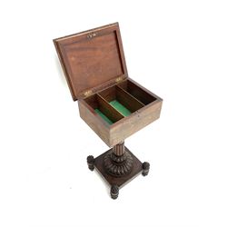 William IV inlaid mahogany teapoy, single hinged lid enclosing fitted interior, turned tapering support on square base with carved finial supports
