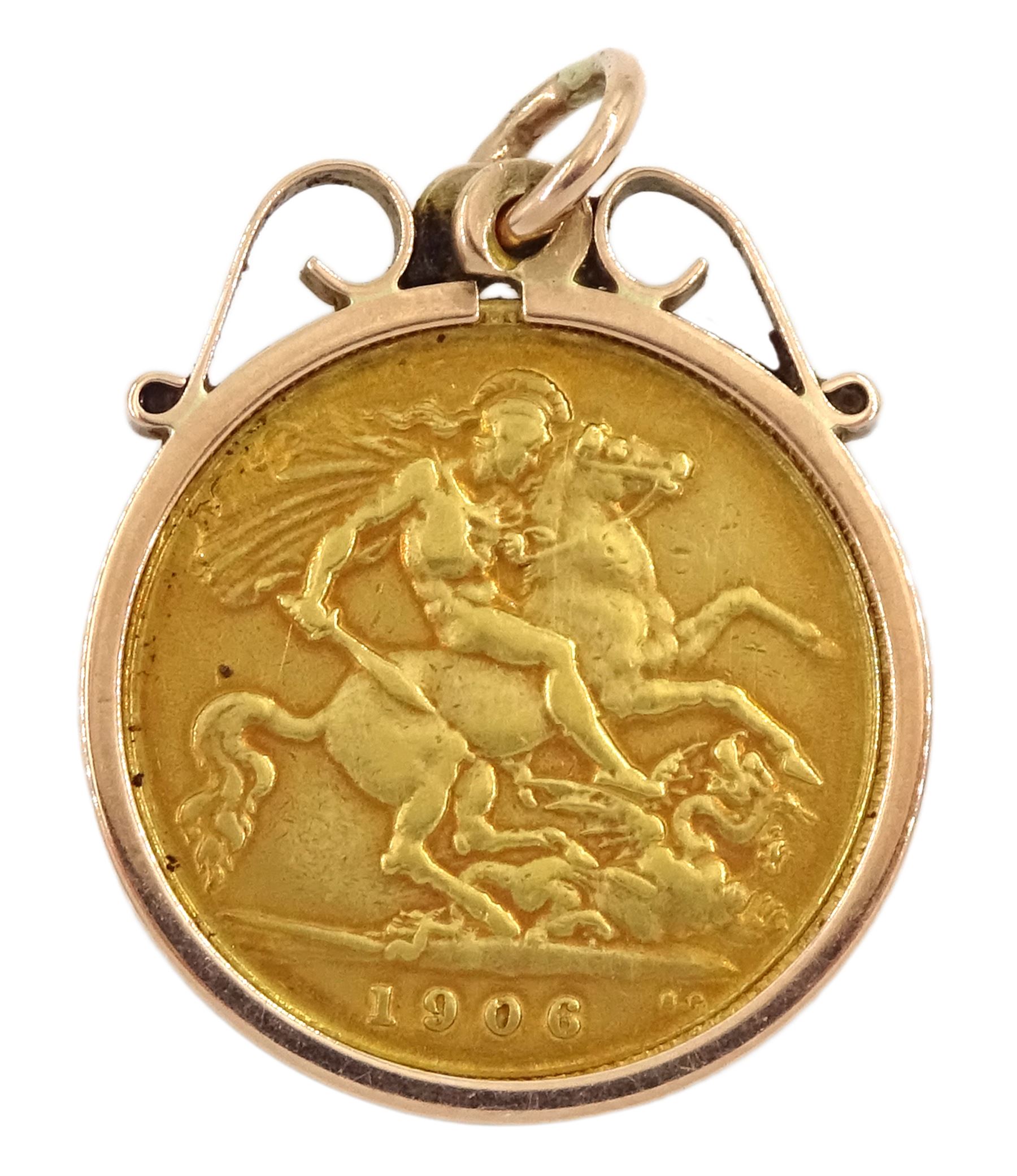 King Edward VII 1906 gold half sovereign coin, loose mounted in 9ct gold pendant
