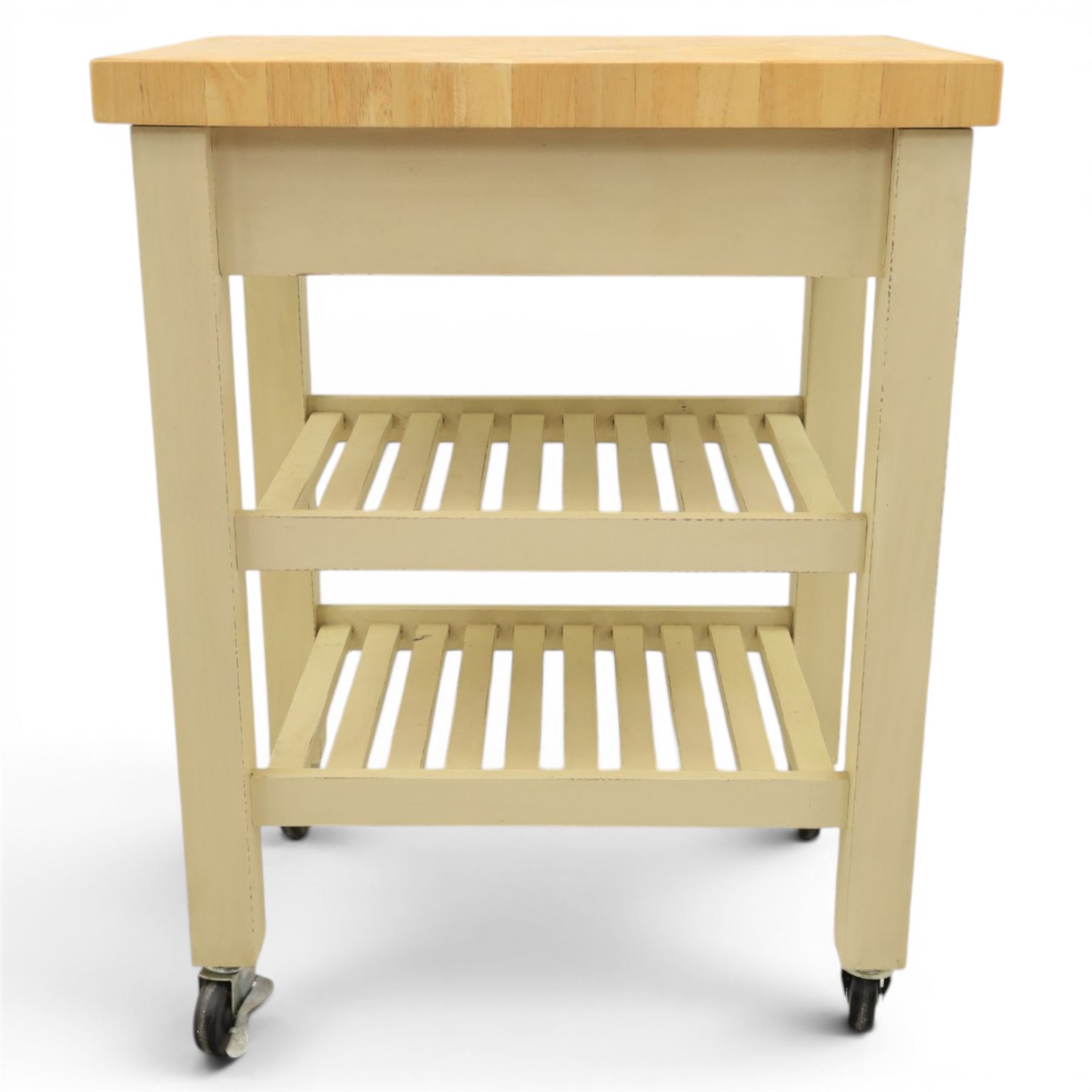T & G Woodware - 'Pembroke Trolley' contemporary butchers block kitchen trolley, single drawer, two tiers of shelving raised on castors