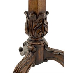 Early Victorian rosewood tripod pedestal table, circular moulded top hand painted with flowers and birds on slate, on tapered hexagonal column with carved acanthus leaf baluster, three splayed supports carved with foliage and scrolling terminals 