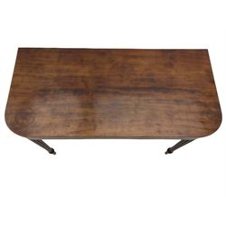 Early 19th century tea table, rectangular fold-over top with rounded corners, the frieze and sides inlaid with satinwood panels, double gate-leg action base, on reeded supports 