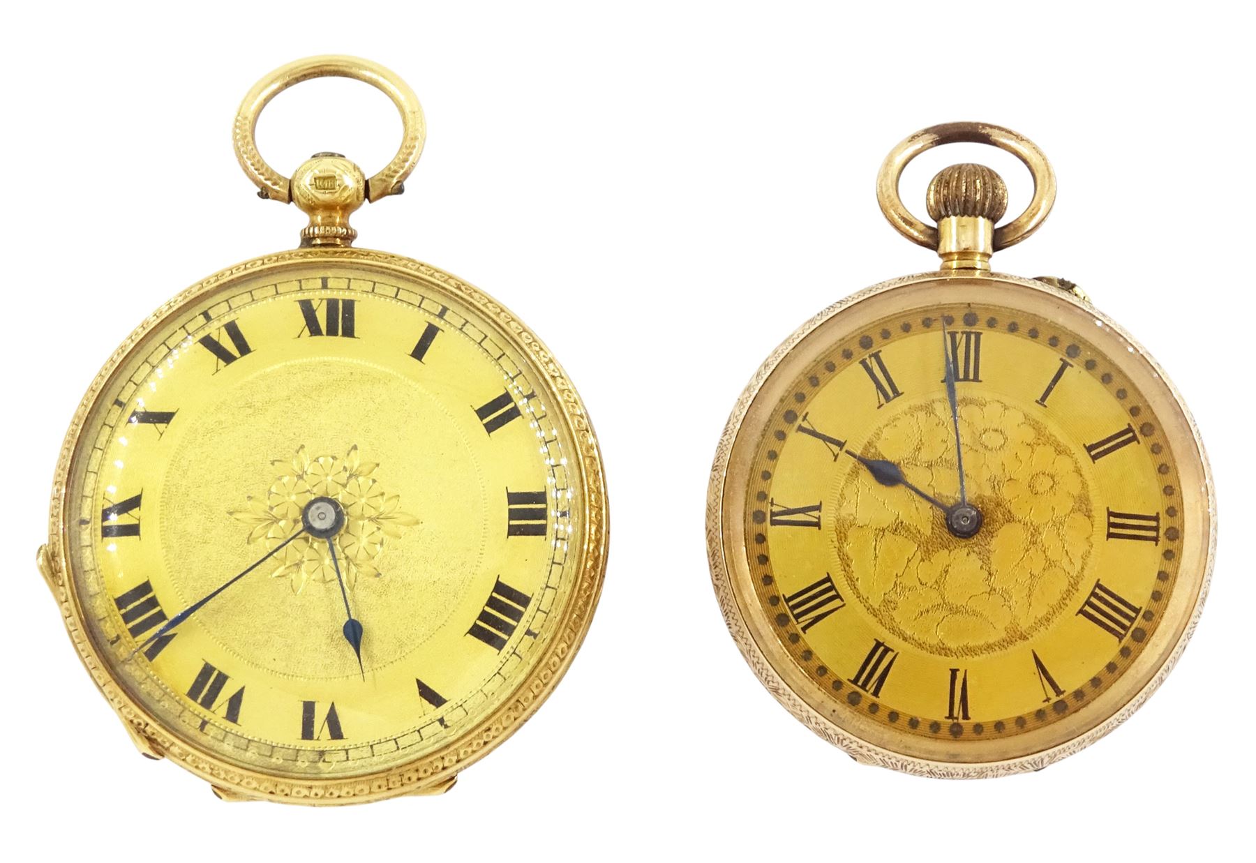 Early 20th century 18ct gold open face, keyless cylinder fob watch, and a 14ct gold fob watch, both with gilt dials with Roman numeral hour markers, cases with engraved foliate decoration, both stamped