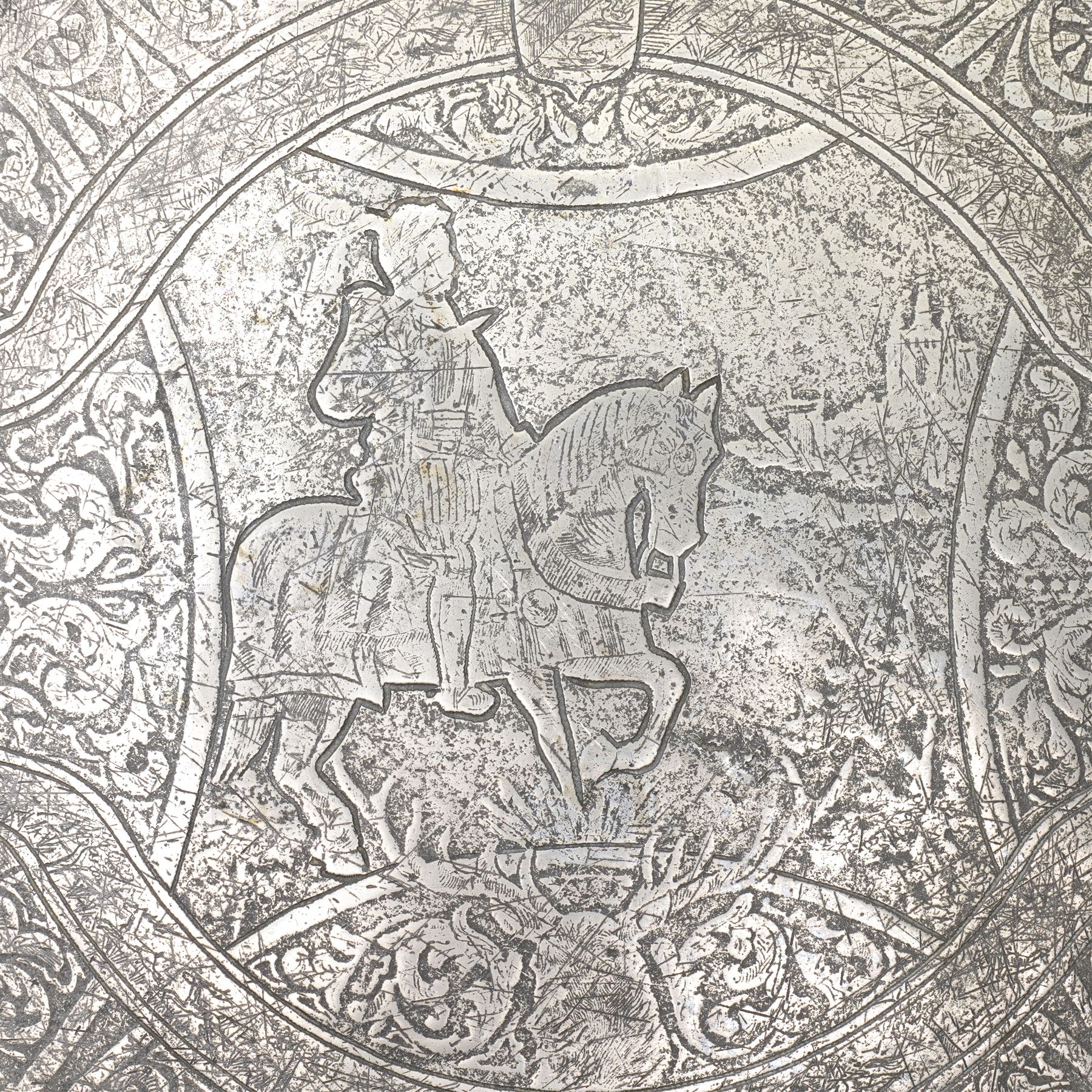 17th/18th century pewter dish, probably continental, engraved with hunting scenes, stags head etc D46cm