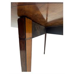 Edwardian satinwood inlaid demi-lune card table, hinged fold over green baize lined interior, raised on square tapered supports with spade feet  