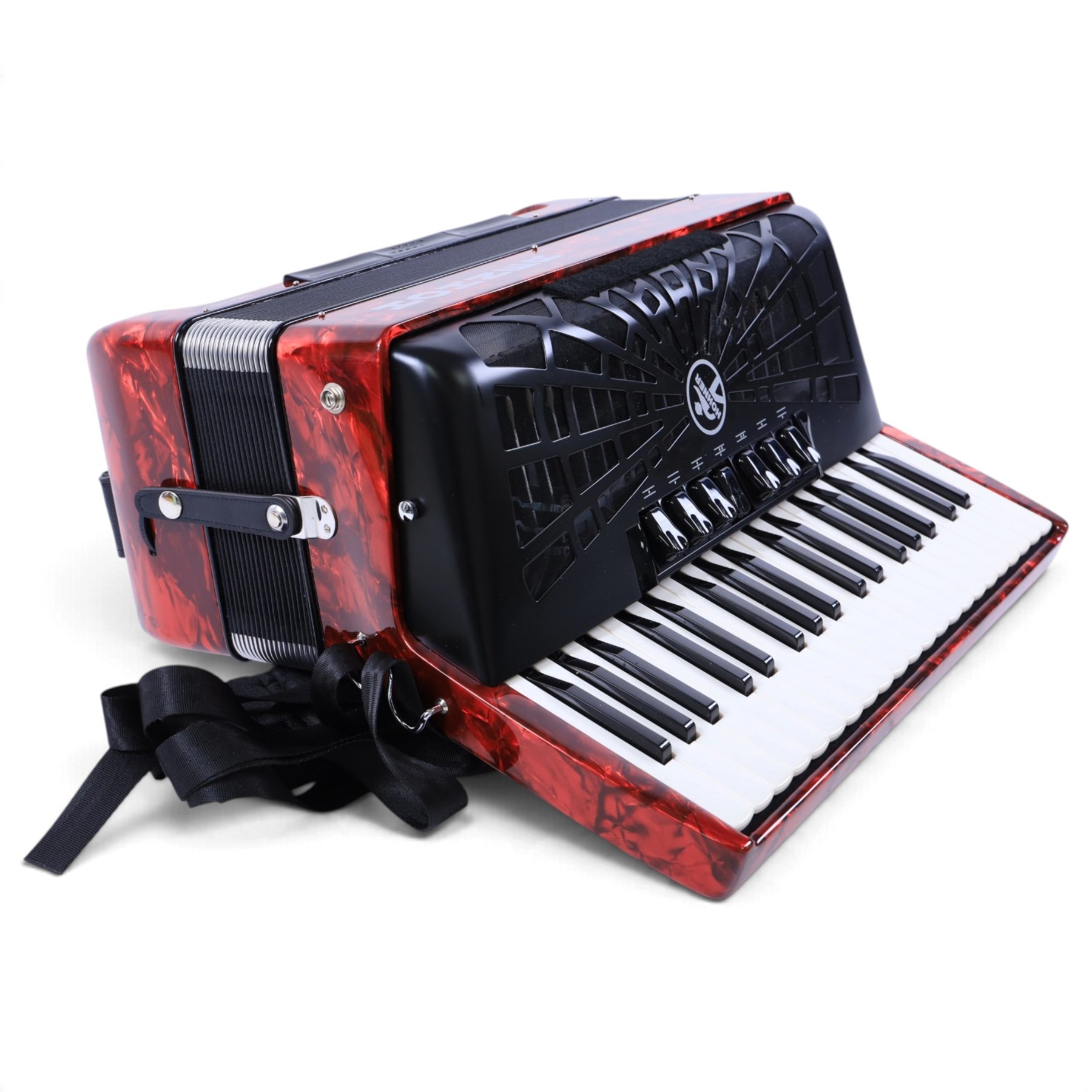 Hohner Bravo III accordion, with 96 bass buttons, pearlescent red case, with Hohner soft carry case and a Microvox microphone