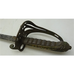  Victorian dress sword, 83cm tapering single edge part fullered blade etched with Royal cypher, numbered on spine 1787, wire bound sharkskin grip with pierced guard, in leather covered wooden scabbard, L97cm,      