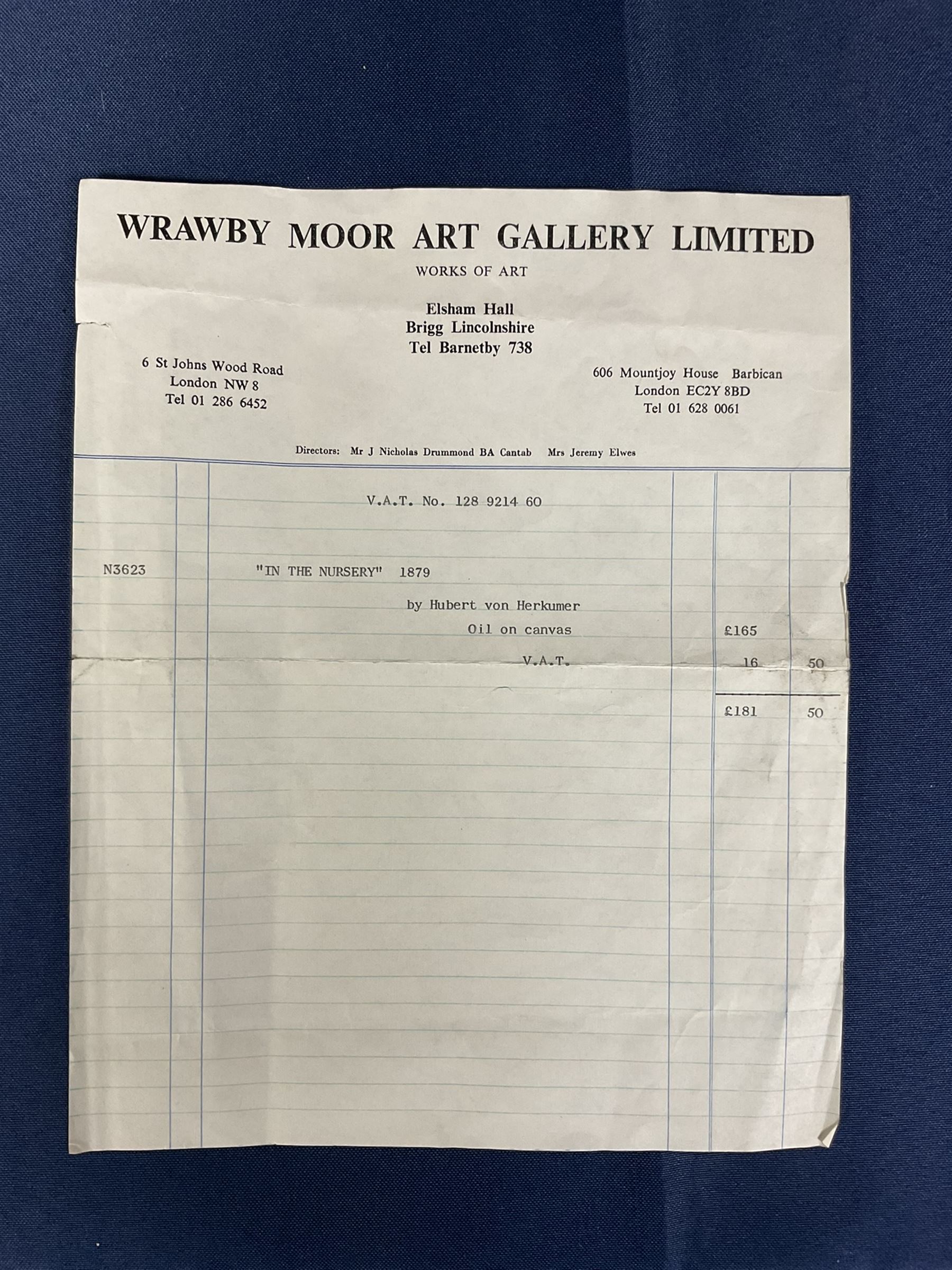 WITHDRAWN at the request of the vendor's family - 
Sir Hubert Von Herkomer RA RWS CVO (British 1849-1914): 'In the Nursery' - Girl Sewing by the Fireside, oil on canvas signed with initials and dated 1879, further signed and inscribed 'Bushey Herts' verso 60cm x 50cm 
Provenance: purchased by the vendor's parents from Wrawby Moor Art Gallery Ltd, Brigg in the 1980s, sold with an undated receipt