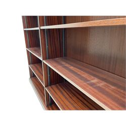 Late 20th century mahogany 6' open bookcase, dentil cornice over ten adjustable shelves, plinth base