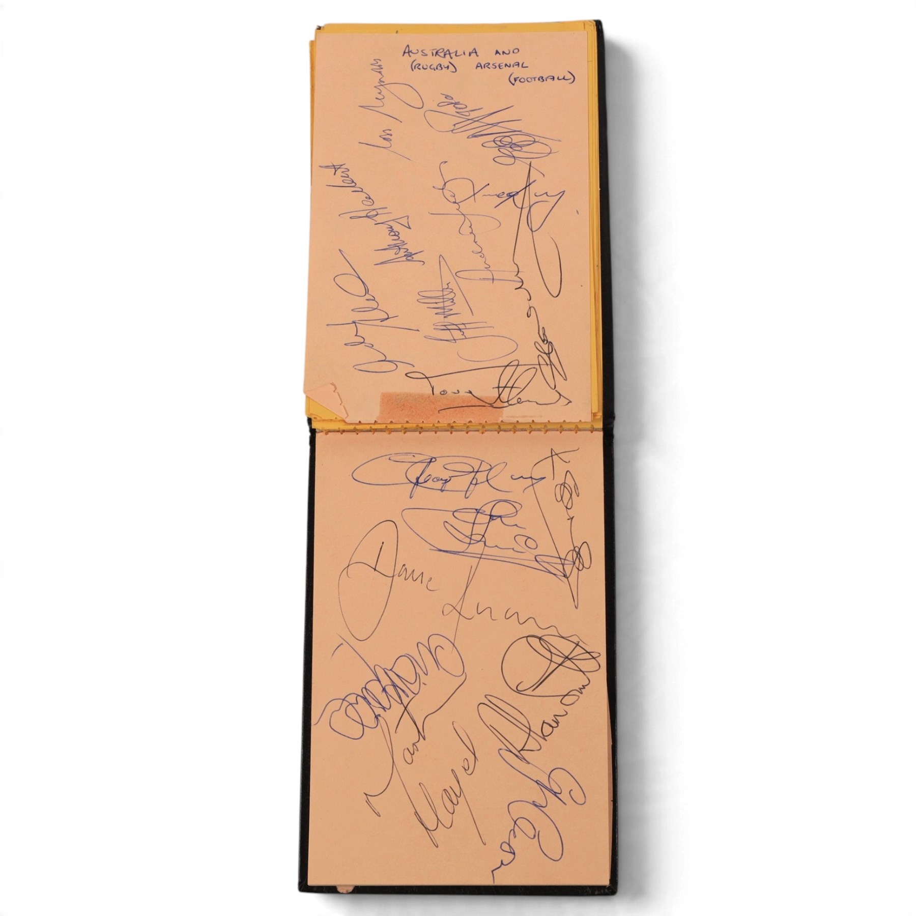 1987 Rugby Union World cup autograph book, with signatures of teams including New Zealand, Wales, Ireland, Tonga, Romania, Italy, Canada and Australia