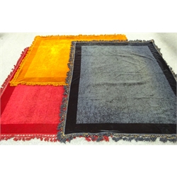  Three chenielle table cloths with frill borders, red W158cm x L195cm, blue W175cm x L220cm & orange W160cm x L210cm (3)  