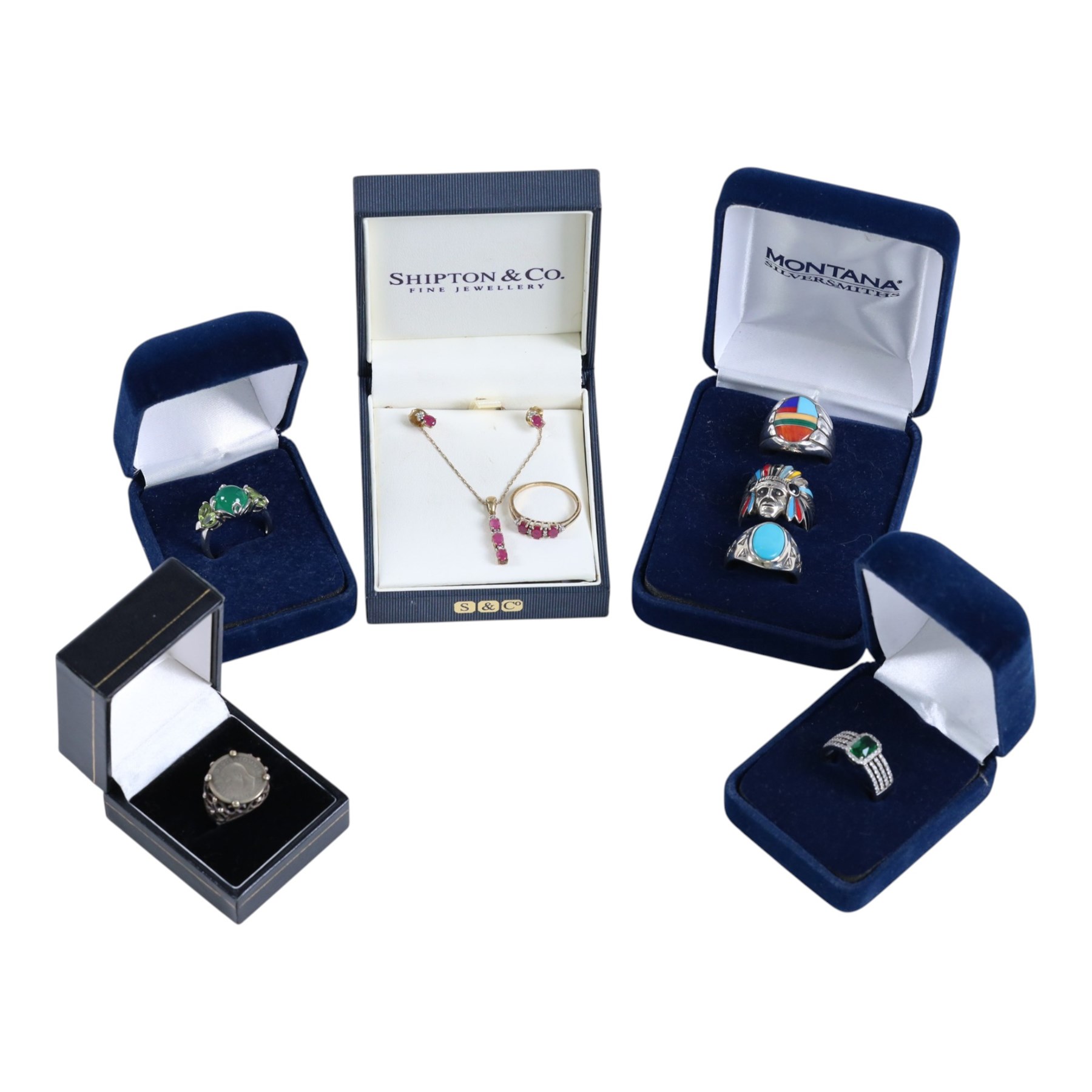 Silver-gilt stone set suite of jewellery, including ring, necklace and pair of earrings, together with five stone set/enamel rings and a coin ring
