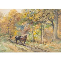John Atkinson (Staithes Group 1863-1924): Horses Logging in Autumn, watercolour signed 24cm x 34cm 