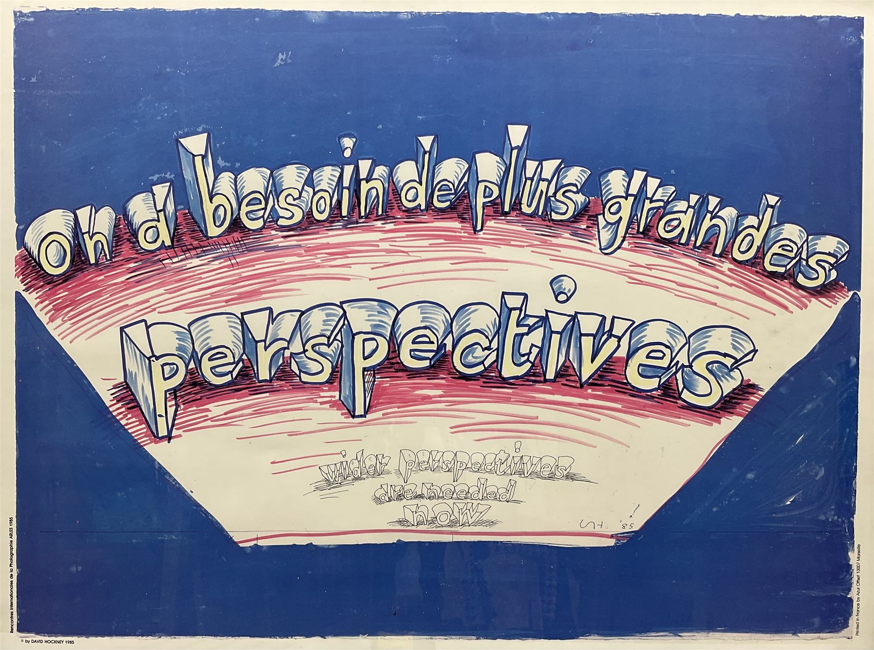 David Hockney (British 1937-): 'Wider Perspectives', colour lithograph poster signed and inscribed 'For the Lighthouse Fund' in pen pub. Recontres Internationales Arles 1985, 55cm x 75cm