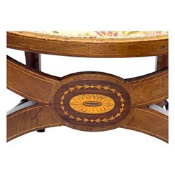 Edwardian inlaid mahogany X-frame armchair, upholstered seat and shield-back, curved front supports united by turned H-stretcher (W57cm, D58cm, H94cm); similar inlaid mahogany armchair, raised on cabriole supports united by cross-stretcher (W62cm, D60cm, H82cm) 