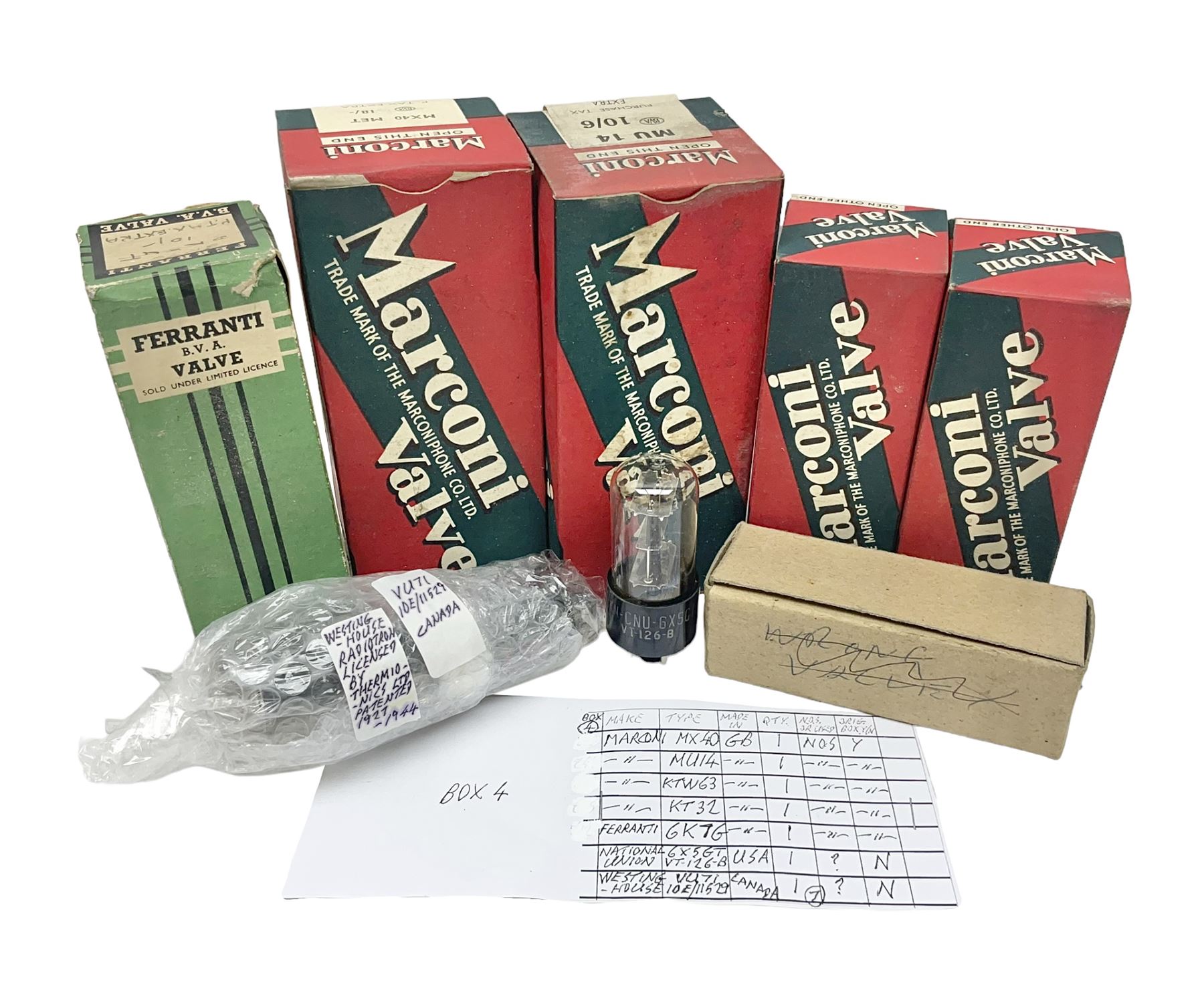 Four Marconi thermionic radio valves/vacuum tubes, comprising MX40, MU14, KTW63 and KT32, boxed, together with three others, to include Ferranti 6K7G valve, boxed, National Union JAN-CNU-6X5G1 and Westing House VU71 I)E/11529 (7)