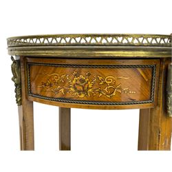 Pair late 20th century French style walnut circular hallway tables or plant stands, the top with pierced gilt metal gallery inlaid with flower heads and interlacing scrolls, each fitted with single drawer, the supports joined by undertier mounted with gilt metal plant basket, cast gilt metal mounts and fittings