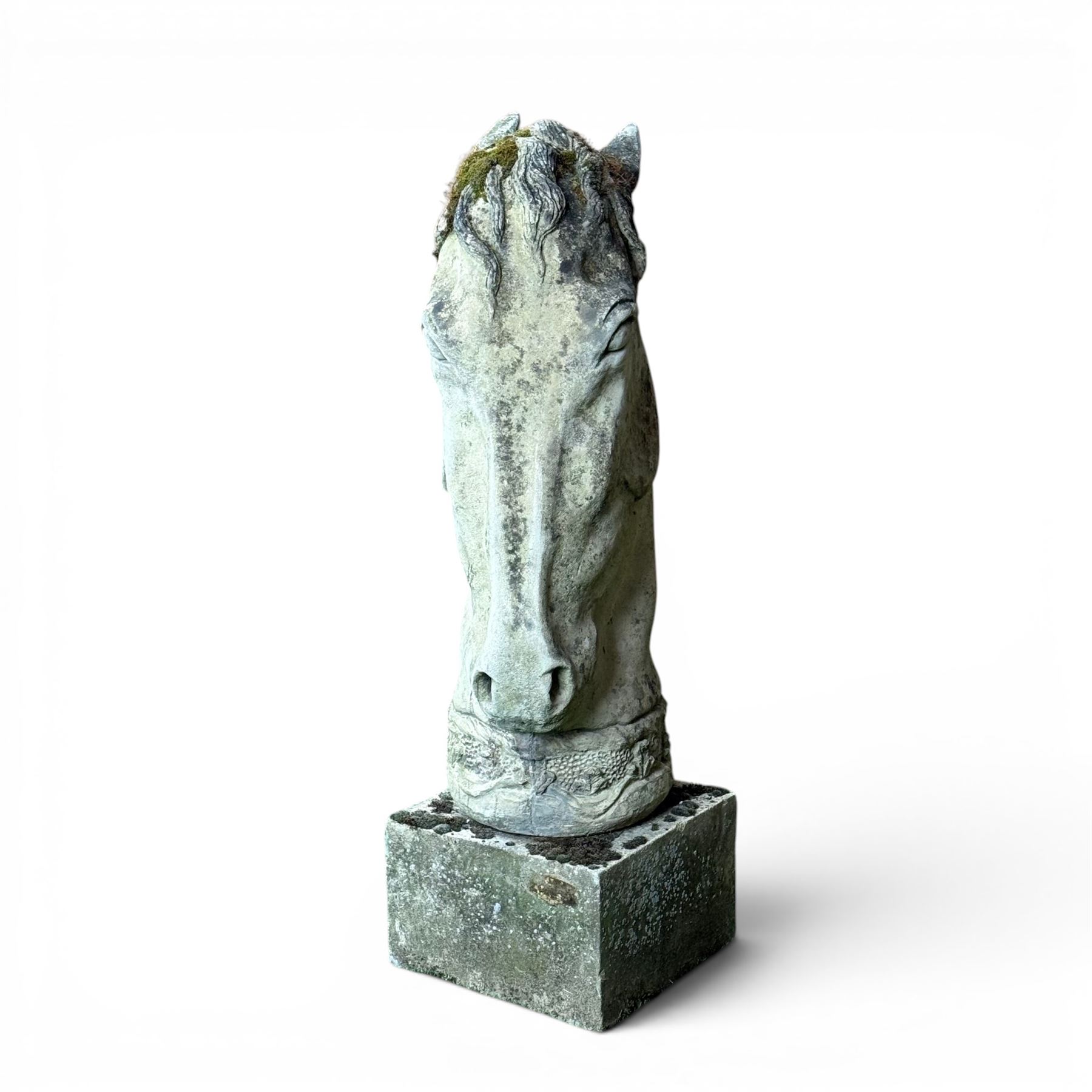 Large weathered cast stone horse head figure, raised on square plinth