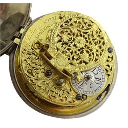 18th century silver pair cased verge fusee pocket watch by John Berry, London, No. 750, Egyptian pillars, pierced and engraved balance cock with scallop shell decoration, silver champleve dial with gilt border, Roman hours and outer Arabic minute ring, steel beetle and poker hands, dial signed Berry London
