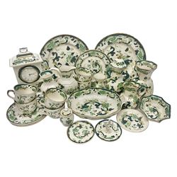  Collection of Masons Ironstone Chartreuse pattern, to include clock, six teacups, twin handled dish, ring dish, plates vases, etc, many with original boxes, clock H24cm 