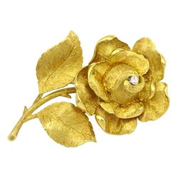 Italian 18ct gold textured rose brooch, set with a single round brilliant cut diamond, stamped 18K Italy
