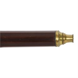 Late 18th century decagonal mahogany telescope, with brass eyepiece and cap, both with brass shutters, unmarked, upon wooden stand