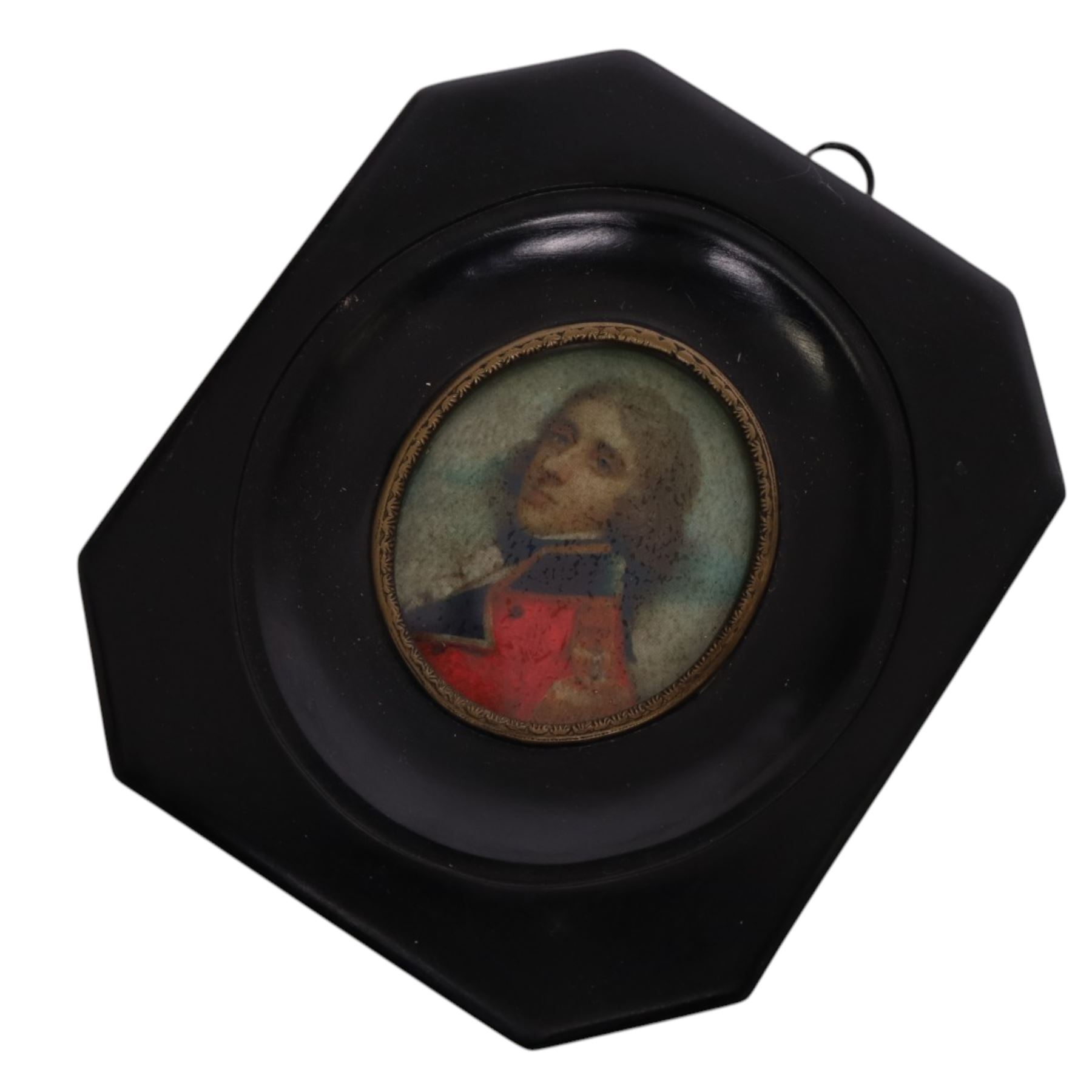 20th century four framed miniatures of gentlemen, in traditional dress, each within a black frame, H13cm