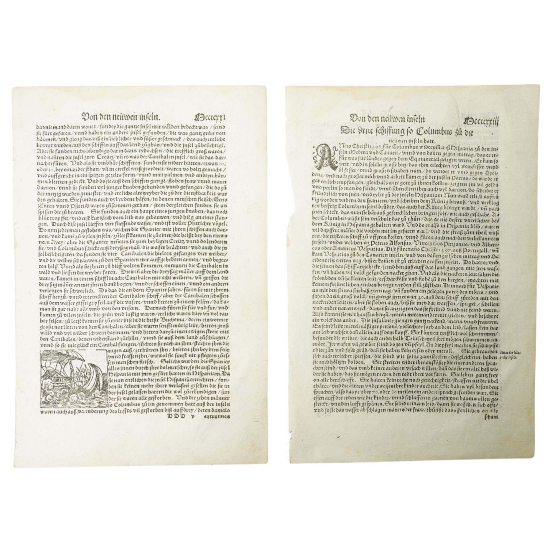 Two pages of 16th century German text referencing Columbus 31cm x 19cm, Charles I Confirmation Deed indenture 1627, King James indenture and a 19th century Mortgage indenture Collins to Stonehouse