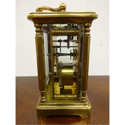  Brass carriage timepiece, column corner case with bevelled glass panels, with presentation inscription for 1921, H14.5cm  