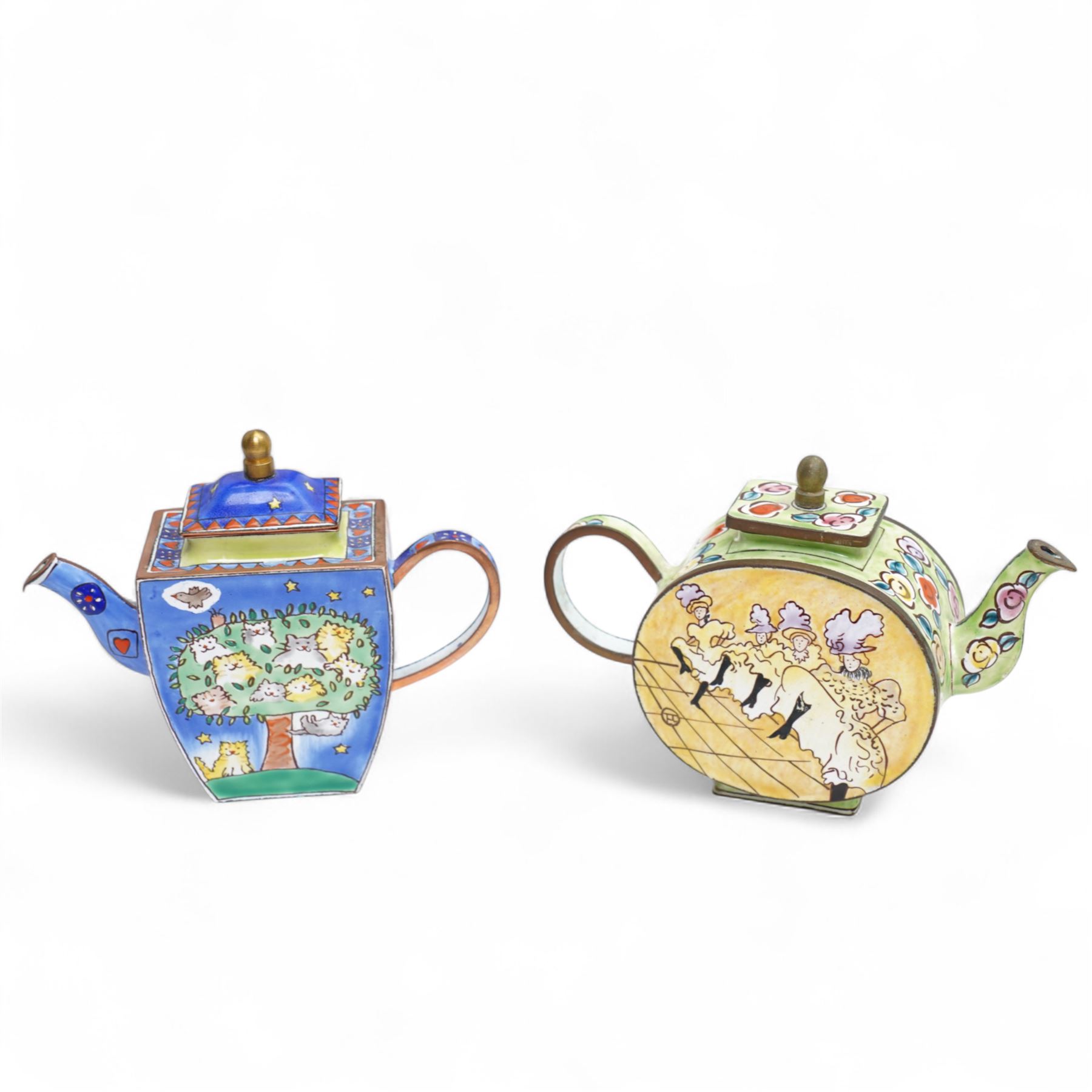 Ten Charlotte de Vita for Trade plus Aid miniature hand-painted enamel teapots, designs comprising The Kiss, Peter Rabbit, Dancing Girls, Catkins etc; and one other painted enamel teapot, largest H9.5cm (11)